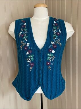 Vintage Tabi International 100% Cotton Floral Embroidered Vest Women’s Size M